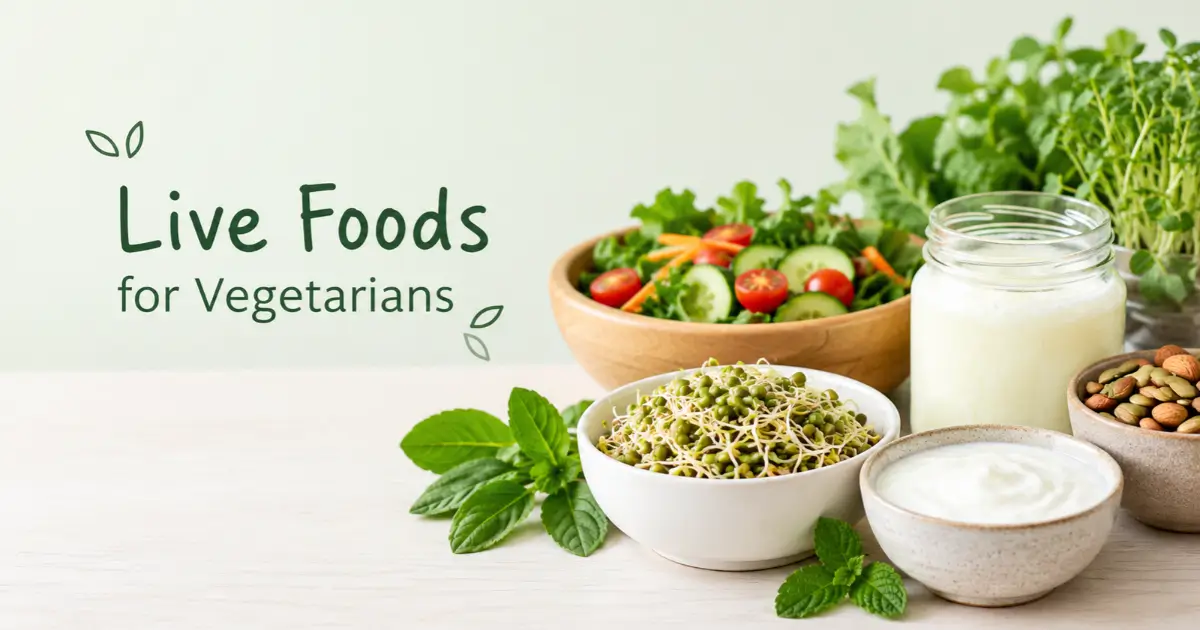 Live foods for vegetarians including sprouts, salad, curd, nuts and fresh greens